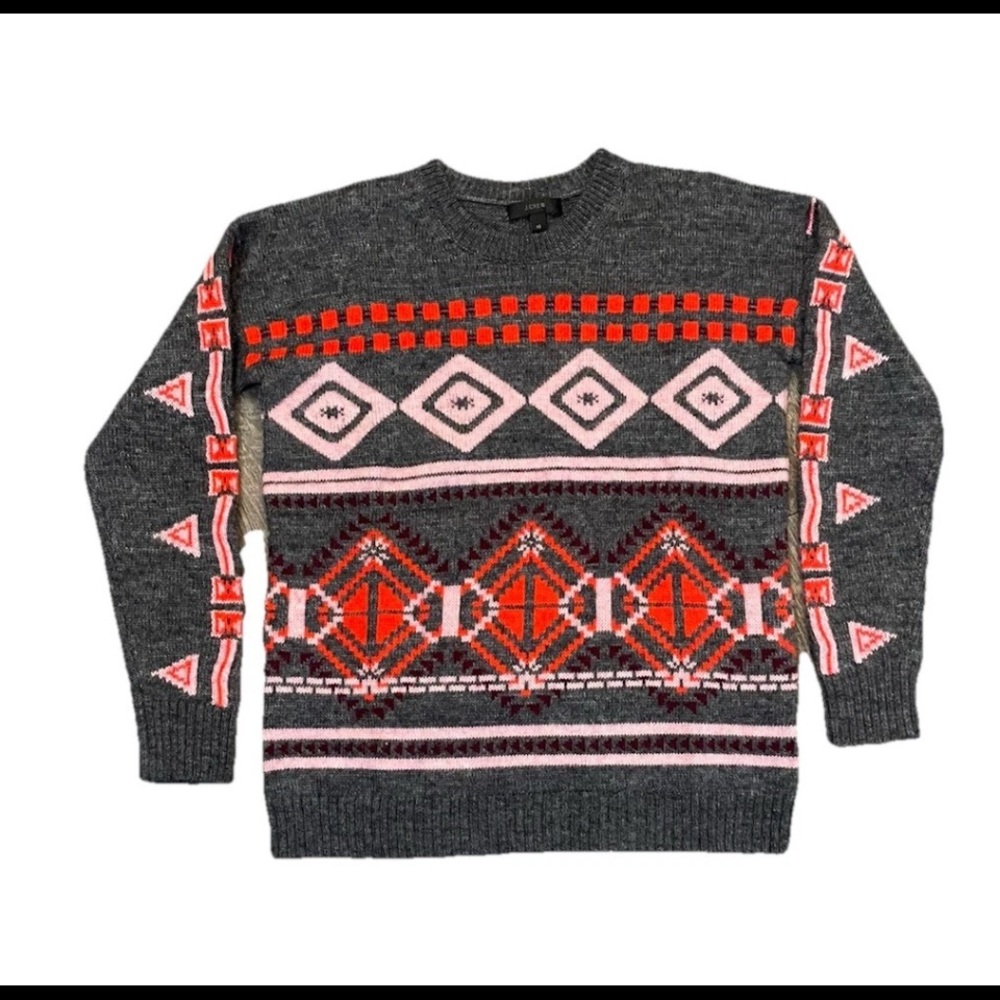 J. Crew women's Sweater- XS-Gray, Red & Pink-Wool Blend Pullover-Fair Isle Print